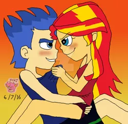 Size: 1024x990 | Tagged: safe, artist:resotii, banned from derpibooru, deleted from derpibooru, derpibooru import, flash sentry, sunset shimmer, equestria girls, 1000 hours in ms paint, blushing, female, flashimmer, male, ms paint, shipping, straight, watermark