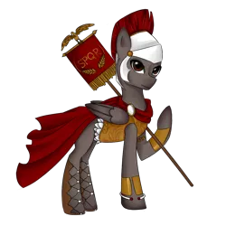 Size: 1000x1000 | Tagged: safe, artist:yuntaoxd, banned from derpibooru, deleted from derpibooru, derpibooru import, oc, unofficial characters only, pegasus, pony, armor, banner, bracelet, cape, clothes, flag, gaius julius caesar, helmet, italy, jewelry, julius caesar, male, roman, rome, shoes, simple background, solo, spqr, stallion, transparent background
