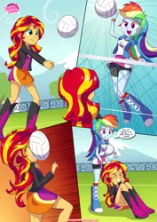 Size: 1200x1696 | Tagged: safe, artist:bbmbbf, banned from derpibooru, deleted from derpibooru, derpibooru import, rainbow dash, sunset shimmer, comic:physical education, equestria untamed, equestria girls, abuse, comic, image, palcomix, physical education, png, shimmerbuse, sports, volleyball
