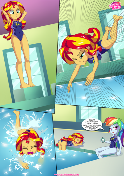 Size: 1200x1696 | Tagged: suggestive, artist:bbmbbf, banned from derpibooru, deleted from derpibooru, derpibooru import, rainbow dash, sunset shimmer, comic:physical education, equestria untamed, equestria girls, abuse, armpits, ass, bunset shimmer, butt, clothes, comic, image, one-piece swimsuit, palcomix, physical education, png, shimmerbuse, swimming, swimming pool, swimsuit