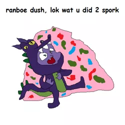 Size: 512x512 | Tagged: safe, artist:dellovan, banned from derpibooru, deleted from derpibooru, derpibooru import, spike, candy, clothes, comic sans, costume, diabetes, digital art, food, ms paint, nightmare night, spork, stylistic suck