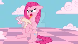 Size: 1024x576 | Tagged: safe, artist:theartsyemporium, banned from derpibooru, deleted from derpibooru, derpibooru import, pinkie pie, fanfic:bride of discord, :c, >:c, angry, angry eyes, frown, letter, pinkamena diane pie, solo, tongue out, watermark