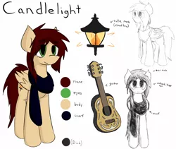 Size: 1772x1495 | Tagged: safe, artist:candel, banned from derpibooru, deleted from derpibooru, derpibooru import, oc, oc:candlelight, unofficial characters only, pony, clothes, guitar, musical instrument, reference sheet, scarf