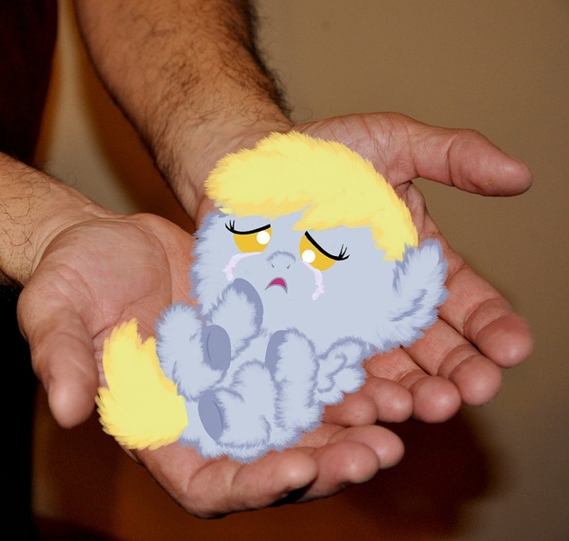 Size: 825x784 | Tagged: safe, artist:beavernator, banned from derpibooru, deleted from derpibooru, derpibooru import, edit, derpy hooves, fluffy pony, pony, crying, fluffy pony foal, fluffyderpy, foal, hand, irl, photo, ponies in real life