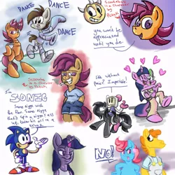 Size: 960x960 | Tagged: safe, artist:dizzy d, banned from derpibooru, deleted from derpibooru, derpibooru import, carrot cake, cup cake, featherweight, scootaloo, spike, twilight sparkle, robot, bomberman, cigarette, classic sonic, image, jpeg, mama twilight, scootabot, slur, smokerloo, sonic the hedgehog, sonic the hedgehog (series), vulgar