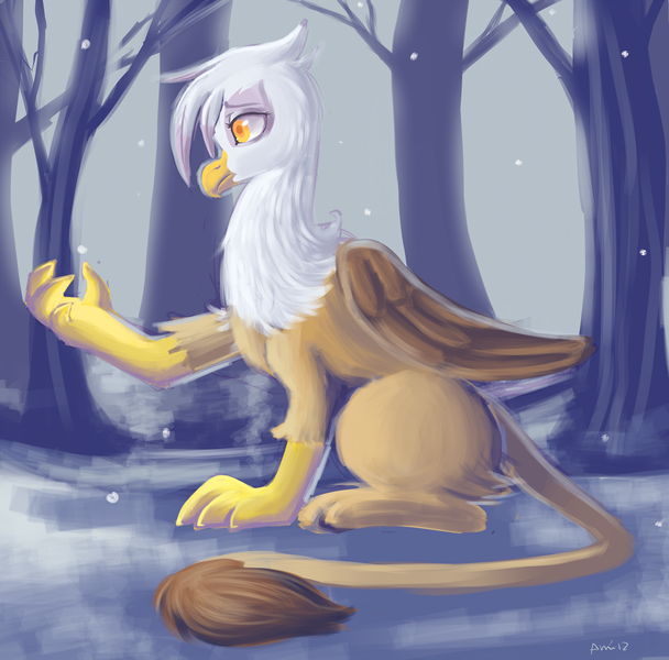 Size: 2910x2872 | Tagged: safe, artist:amnestie, banned from derpibooru, deleted from derpibooru, derpibooru import, gilda, gryphon, high res, snow, snowfall, solo