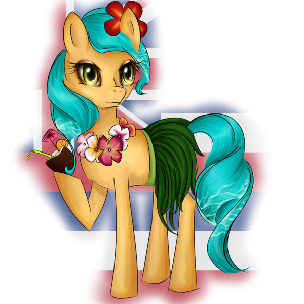 Size: 1000x1000 | Tagged: safe, artist:yuntaoxd, banned from derpibooru, deleted from derpibooru, derpibooru import, oc, unofficial characters only, clothes, coconut, flower, flower in hair, flower necklace, food, grass skirt, hawaii, hawaiian flower in hair, hula, lei, simple background, skirt