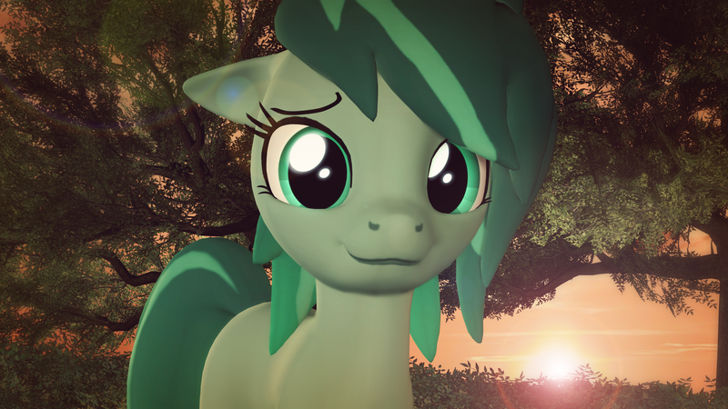 Size: 2920x1642 | Tagged: safe, artist:prettyboyace, banned from derpibooru, deleted from derpibooru, derpibooru import, oc, oc:elysia, unofficial characters only, pony, unicorn, 3d, :3, cute, female, floppy ears, looking at you, mare, smiling, solo, source filmmaker, sun, tree