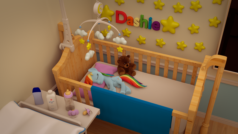 Size: 1280x720 | Tagged: safe, artist:cumill11, banned from derpibooru, deleted from derpibooru, derpibooru import, rainbow dash, 3d, adoracreepy, baby bottle, baby powder, bedroom, blender, creepy, crib, crib mobile, cumill11's little dashie, cute, music box, pacifier, solo