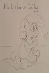 Size: 1280x1892 | Tagged: safe, artist:php47, banned from derpibooru, deleted from derpibooru, derpibooru import, pinkie pie, monochrome, pink horse daily, sketch, solo, traditional art, waving