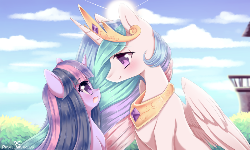 Size: 1280x769 | Tagged: safe, artist:pastelmistress, banned from derpibooru, deleted from derpibooru, derpibooru import, princess celestia, twilight sparkle, alicorn, pony, blushing, cute, eye contact, female, lesbian, looking at each other, mare, open mouth, shipping, smiling, twilestia