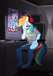 Size: 2398x3433 | Tagged: safe, artist:belaboy, banned from derpibooru, deleted from derpibooru, derpibooru import, rainbow dash, anthro, pegasus, plantigrade anthro, barefoot, breasts, chair, cleavage, clothes, computer, computer mouse, eyes closed, feet, g4, headphones, headset, image, indoors, lamp, office chair, open mouth, open smile, panties, png, poster, room, shirt, sitting, smiling, solo, tail, underwear, wonderbolts