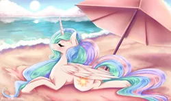 Size: 1280x760 | Tagged: safe, artist:pastelmistress, banned from derpibooru, deleted from derpibooru, derpibooru import, princess celestia, beach, missing accessory, prone, solo, umbrella