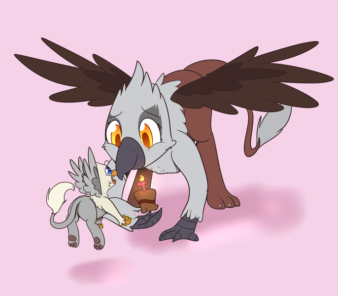 Size: 1280x1120 | Tagged: safe, artist:kimsdoodles, banned from derpibooru, deleted from derpibooru, derpibooru import, oc, oc:der, oc:gael, unofficial characters only, gryphon, cake, food, micro