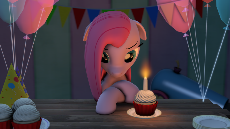 Size: 3840x2160 | Tagged: safe, artist:xppp1n, banned from derpibooru, deleted from derpibooru, derpibooru import, pinkie pie, earth pony, pony, 3d, balloon, birthday, candle, cupcake, food, forgotten birthday, hat, party, party cannon, party hat, pinkamena diane pie, sad, solo, source filmmaker