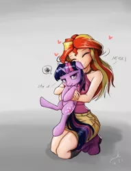 Size: 1000x1310 | Tagged: safe, artist:the-park, banned from derpibooru, deleted from derpibooru, derpibooru import, sunset shimmer, twilight sparkle, twilight sparkle (alicorn), alicorn, pony, equestria girls, annoyed, boots, clothes, cuddling, cute, female, hape, holding a pony, hug, human coloration, implied lesbian, implied shipping, kneeling, lesbian, non-consensual cuddling, shimmerbetes, shipping, shipping fuel, shoes, simple background, skirt, snuggling, sunsetsparkle, twiabetes, unamused