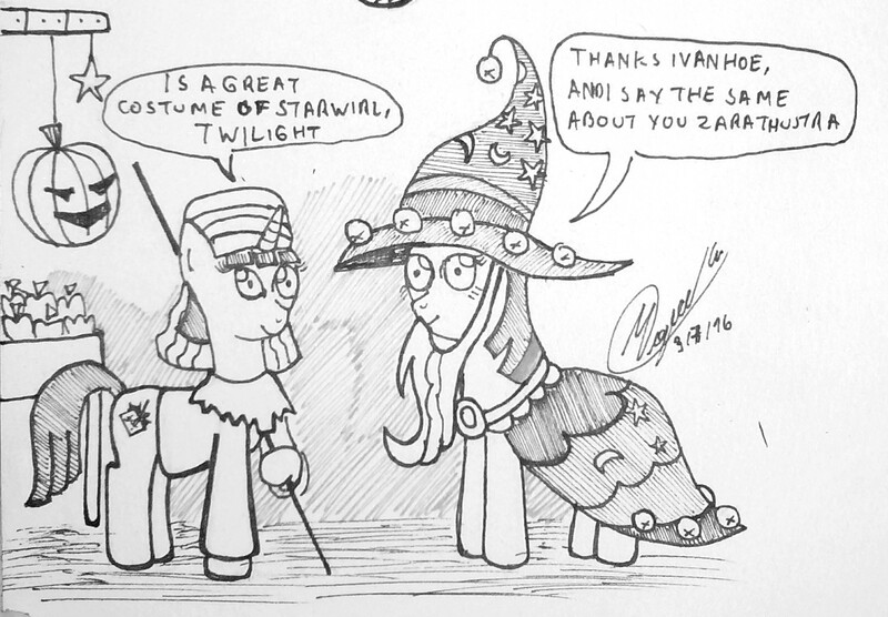 Size: 3077x2140 | Tagged: artist needed, safe, banned from derpibooru, deleted from derpibooru, derpibooru import, twilight sparkle, oc, oc:ivanhoe, clothes, costume, friedrich nietzsche, grayscale, monochrome, nightmare night, starswirl the unbearded, zarathustra, zoroastrianism