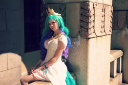 Size: 2256x1504 | Tagged: safe, artist:sewingintherain, banned from derpibooru, deleted from derpibooru, derpibooru import, edit, princess celestia, human, clothes, convention, cosplay, costume, crystal fair con, dress, irl, irl human, photo, photoshop, solo