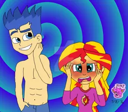 Size: 1024x897 | Tagged: safe, artist:resotii, banned from derpibooru, deleted from derpibooru, derpibooru import, flash sentry, sunset shimmer, equestria girls, abs, bare chest, belly button, blushing, clothes, female, flashimmer, jeans, male, pajamas, pants, partial nudity, shipping, spiral, straight, topless