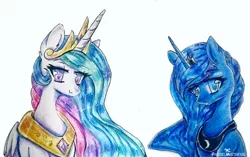 Size: 1024x644 | Tagged: safe, artist:pastelmistress, banned from derpibooru, deleted from derpibooru, derpibooru import, princess celestia, princess luna, bust, portrait, royal sisters, simple background