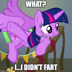 Size: 500x500 | Tagged: safe, banned from derpibooru, deleted from derpibooru, derpibooru import, edit, edited screencap, screencap, twilight sparkle, alicorn, blatant lies, caption, fart, fart joke, image macro, meme, scrunchy face, text, twilight sparkle (alicorn)