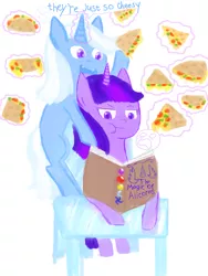 Size: 1200x1600 | Tagged: safe, artist:galaxy-road, banned from derpibooru, deleted from derpibooru, derpibooru import, trixie, twilight sparkle, book, dialogue, duo, food, magic, quesadilla, simple background, they're just so cheesy, white background