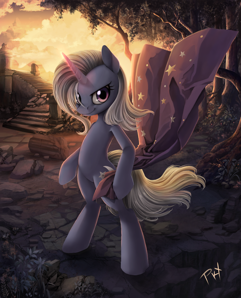 Size: 1335x1650 | Tagged: safe, artist:ponykillerx, banned from derpibooru, deleted from derpibooru, derpibooru import, trixie, pony, unicorn, bipedal, cape, clothes, holding, looking at you, ruins, scenery, scenery porn, solo, trixie's cape