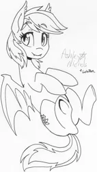 Size: 3208x5633 | Tagged: safe, artist:ashleynicholsart, artist:lolopan, banned from derpibooru, deleted from derpibooru, derpibooru import, oc, oc:daturea eventide, unofficial characters only, bat pony, pony, cute, monochrome, solo, traditional art