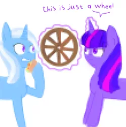 Size: 1206x1212 | Tagged: safe, artist:galaxy-road, banned from derpibooru, deleted from derpibooru, derpibooru import, trixie, twilight sparkle, dialogue, duo, food, magic, quesadilla, simple background, wheel, wheels trixie, white background