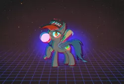 Size: 2200x1500 | Tagged: artist needed, safe, banned from derpibooru, deleted from derpibooru, derpibooru import, edit, oc, oc:speck, unofficial characters only, bat pony, 3d anaglyph, 80s, baseball cap, bubblegum, cap, food, gum, hat, holding hooves, looking at you, solo, top bat, vector, wallpaper