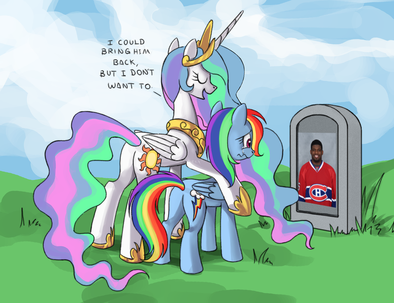 Size: 910x700 | Tagged: safe, artist:ponykillerx, banned from derpibooru, deleted from derpibooru, derpibooru import, princess celestia, rainbow dash, celestia's grave meme, crying, exploitable meme, gravestone, hockey, meme, montreal canadiens, pk subban, sports