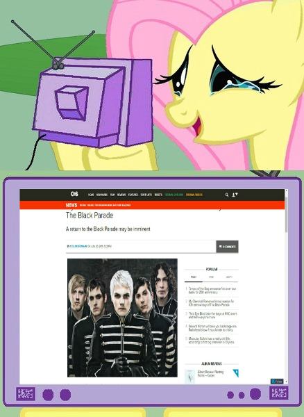 Size: 438x600 | Tagged: safe, banned from derpibooru, deleted from derpibooru, derpibooru import, fluttershy, crying, exploitable meme, meme, my chemical romance, obligatory pony, return of the mcrmy, tears of joy, tv meme