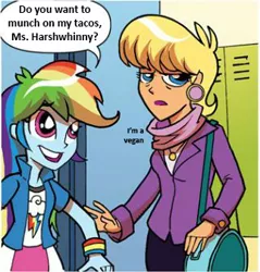 Size: 322x337 | Tagged: suggestive, banned from derpibooru, deleted from derpibooru, derpibooru import, edit, idw, ms. harshwhinny, rainbow dash, equestria girls, exploitable meme, food, meme, taco