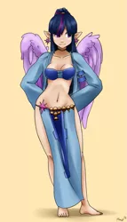 Size: 1107x1935 | Tagged: safe, artist:mimicpony, banned from derpibooru, deleted from derpibooru, derpibooru import, twilight sparkle, alicorn, human, barefoot, belly button, ear piercing, earring, elf ears, feet, humanized, jewelry, loincloth, midriff, piercing, smiling, solo, twilight sparkle (alicorn), winged humanization, wings