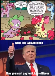 Size: 800x1100 | Tagged: safe, banned from derpibooru, deleted from derpibooru, derpibooru import, idw, apple bloom, applejack, berry punch, berryshine, spike, spoiler:comic, spoiler:comic43, apple, donald trump, food, meme, politics, that's my pony, that's my x
