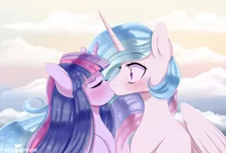 Size: 1280x869 | Tagged: safe, artist:pastelmistress, banned from derpibooru, deleted from derpibooru, derpibooru import, princess celestia, twilight sparkle, blushing, cute, female, kissing, lesbian, shipping, surprised, twilestia