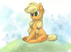 Size: 1937x1431 | Tagged: safe, artist:imarieu, banned from derpibooru, deleted from derpibooru, derpibooru import, applejack, cute, daaaaaaaaaaaw, jackabetes, missing accessory, sitting, solo