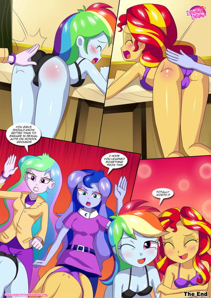 Size: 850x1201 | Tagged: suggestive, artist:bbmbbf, banned from derpibooru, deleted from derpibooru, derpibooru import, princess celestia, princess luna, rainbow dash, sunset shimmer, comic:physical education, equestria untamed, equestria girls, rainbow rocks, abuse, bend over, blushing, bunset shimmer, butt, clothes, comic, consequences, dashabuse, female, image, jpeg, lesbian, palcomix, principal celestia, punishment, rainbutt dash, shimmerbuse, shipping, slap, spank mark, spanked, spanking, sunsetabuse, sunsetdash, underwear, vice principal luna, worth it