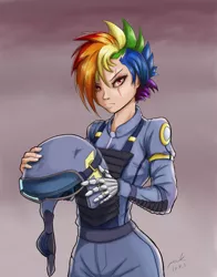 Size: 704x900 | Tagged: safe, artist:the-park, banned from derpibooru, deleted from derpibooru, derpibooru import, rainbow dash, human, alternate timeline, apocalypse dash, crystal war timeline, helmet, humanized, pilot, scar