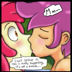 Size: 413x414 | Tagged: suggestive, artist:theminus, banned from derpibooru, deleted from derpibooru, derpibooru import, apple bloom, scootaloo, equestria girls, dialogue, female, kissing, lesbian, lolicon, scootabloom, shipping, underage
