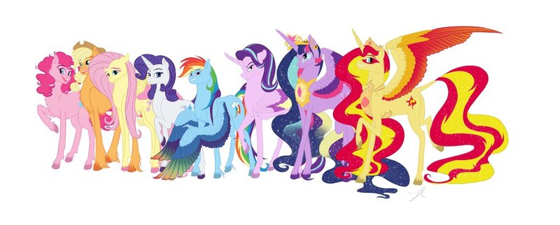 Size: 1024x412 | Tagged: safe, artist:animalpainter, banned from derpibooru, deleted from derpibooru, derpibooru import, applejack, fluttershy, pinkie pie, rainbow dash, rarity, starlight glimmer, sunset shimmer, twilight sparkle, twilight sparkle (alicorn), alicorn, pony, alicornified, colored wings, height, height difference, mane six, multicolored wings, race swap, rainbow wings, shimmercorn, starlicorn, wings, xk-class end-of-the-world scenario