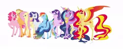 Size: 1024x412 | Tagged: safe, artist:animalpainter, banned from derpibooru, deleted from derpibooru, derpibooru import, applejack, fluttershy, pinkie pie, rainbow dash, rarity, starlight glimmer, sunset shimmer, twilight sparkle, twilight sparkle (alicorn), alicorn, pony, alicornified, colored wings, height, height difference, mane six, multicolored wings, race swap, rainbow wings, shimmercorn, starlicorn, wings, xk-class end-of-the-world scenario