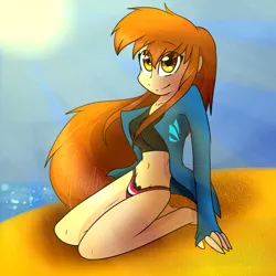 Size: 3000x3000 | Tagged: suggestive, artist:myralilth, banned from derpibooru, deleted from derpibooru, derpibooru import, oc, oc:headlong flight, unofficial characters only, equestria girls, beach, belly button, clothes, equestria girls-ified, jacket, kneeling, panties, ribbon, rule 63, solo, striped underwear, tube top, underwear