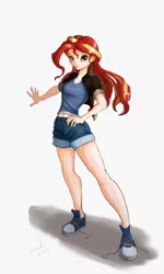 Size: 900x1500 | Tagged: safe, artist:the-park, banned from derpibooru, deleted from derpibooru, derpibooru import, sunset shimmer, equestria girls, belly button, clothes, converse, human coloration, midriff, shirt, shoes, short shirt, shorts, sneakers, standing