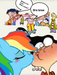 Size: 960x1280 | Tagged: safe, banned from derpibooru, deleted from derpibooru, derpibooru import, rainbow dash, crossover, crossover shipping, double d, ed, edd, eddy, ed edd n eddy, jimmy, jonny, kevin, kissing, monochrome, nazz, plank, rolf, sarah, shipping