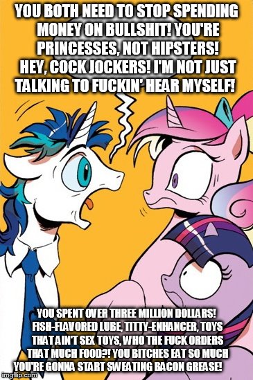 Size: 365x549 | Tagged: questionable, artist:witchityman, banned from derpibooru, deleted from derpibooru, derpibooru import, princess cadance, shining armor, twilight sparkle, caption, exploitable meme, image macro, meme, obligatory pony, panty and stocking with garterbelt, screaming armor, text, vulgar