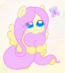 Size: 432x485 | Tagged: safe, artist:gingersnap913, banned from derpibooru, deleted from derpibooru, derpibooru import, fluttershy, butterfly, pegasus, pony, abstract background, biting, blushing, cute, eye clipping through hair, female, hug, looking up, nom, shyabetes, sitting, solo, spread wings, tail bite, tail hug, wings