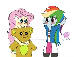 Size: 1024x794 | Tagged: safe, artist:resotii, banned from derpibooru, deleted from derpibooru, derpibooru import, fluttershy, rainbow dash, equestria girls, blushing, female, flutterdash, lesbian, shipping, teddy bear