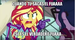 Size: 800x429 | Tagged: safe, banned from derpibooru, deleted from derpibooru, derpibooru import, screencap, sci-twi, sunset shimmer, twilight sparkle, equestria girls, friendship games, angry, caption, exploitable meme, fuaaa, image macro, meme, spanish, sunset yells at twilight, text