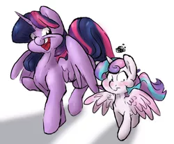 Size: 1024x847 | Tagged: safe, artist:shellielle, banned from derpibooru, deleted from derpibooru, derpibooru import, princess flurry heart, twilight sparkle, twilight sparkle (alicorn), alicorn, pony, aunt and niece, auntie twilight, blushing, embarrassed, spread wings, wings